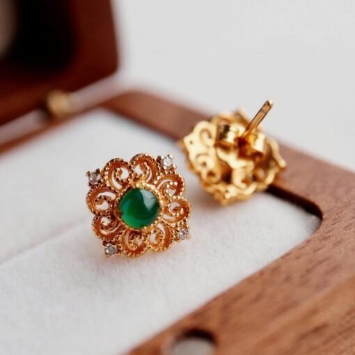 Natural jadeite Stud Earrings /Sterling 925Silver 18k Gold-Plated green jade Studs/Customize gift box/anniversary gift/Retro court earrings - Image 4