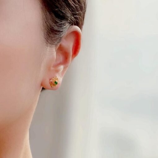 Natural jadeite Stud Earrings /Sterling 925Silver 18k Gold-Plated green jade Studs/Customize gift box/anniversary gift/Retro court earrings - Image 2