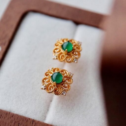 Natural jadeite Stud Earrings /Sterling 925Silver 18k Gold-Plated green jade Studs/Customize gift box/anniversary gift/Retro court earrings - Image 3