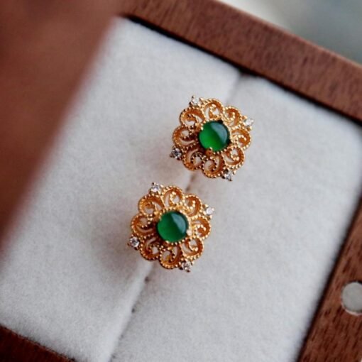 Natural jadeite Stud Earrings /Sterling 925Silver 18k Gold-Plated green jade Studs/Customize gift box/anniversary gift/Retro court earrings - Image 5