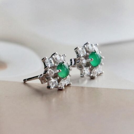 Natural jadeite Stud Earrings /Sterling 925 Silver 18k Gold-Plated green jade Studs/Customize gift box/anniversary gift/classic earrings - Image 5