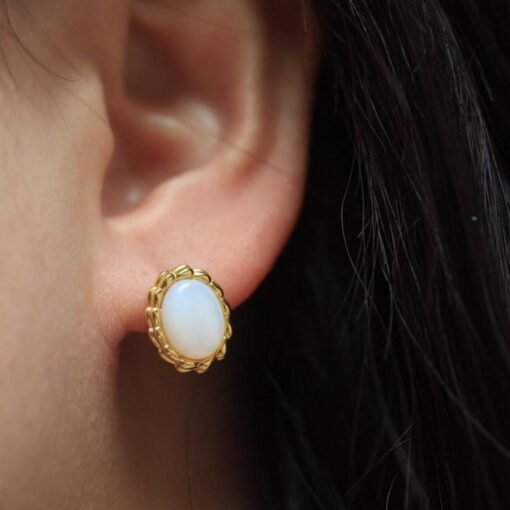 Natural white mother-of-pearl stud Earrings/Sterling 925Silver 18KGold-Plated vintage stud/Customize gift box/anniversary/retro French style - Image 2
