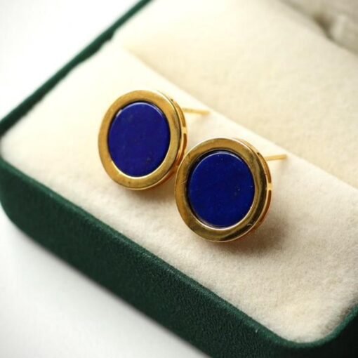 Natural Lapis lazuli Stud Earrings /Sterling 925-Silver Gold-Plated round Lapis lazuli Studs/Customize gift box/anniversary gift/minimalist - Image 3