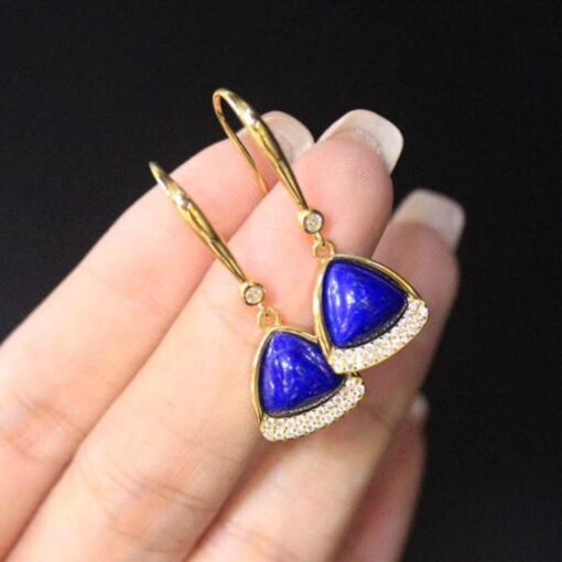 Natural Lapis lazuli dangle Earrings/Sterling 925-Silver Gold-Plated Triangle Lapis lazuli drops/Customize gift box/anniversary gift for her - Image 3