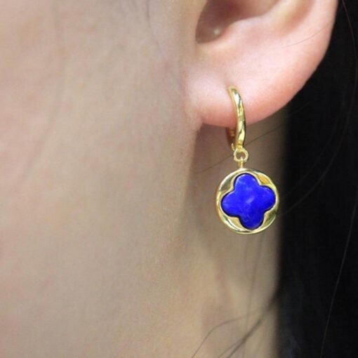 Natural Lapis lazuli dangle Earrings/Sterling 925-Silver Gold-Plated Four-leaf clover Lapis lazuli drops/Customize gift box/anniversary gift - Image 2