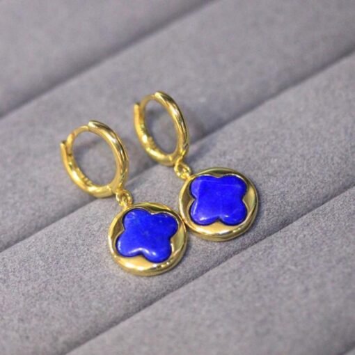 Natural Lapis lazuli dangle Earrings/Sterling 925-Silver Gold-Plated Four-leaf clover Lapis lazuli drops/Customize gift box/anniversary gift - Image 5
