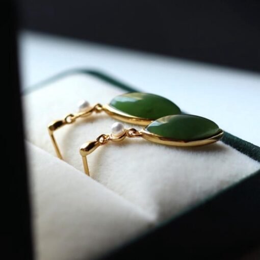 Natural green jade dangle Earrings/Sterling 925Silver 18KGold-Plated marquise jade drops/Customize gift box/anniversary retro raw jade drops - Image 5