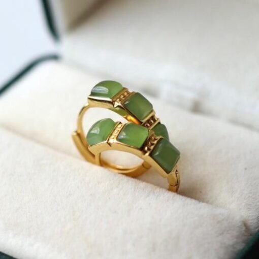 Natural green jade Stud Earrings /Sterling 925-Silver 18KGold-Plated green Nephrite Studs/Customize gift box/anniversary gift/retro court - Image 3