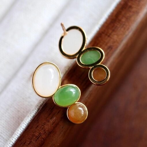 Natural green jade Stud Earrings /Sterling 925-Silver 18KGold-Plated white and red Nephrite Studs/Customize gift box/unique anniversary gift - Image 4