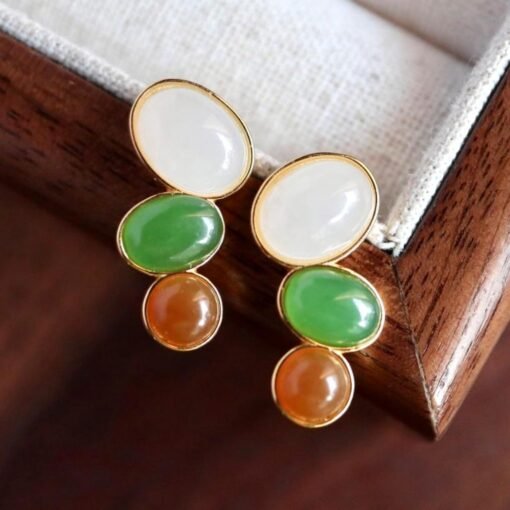 Natural green jade Stud Earrings /Sterling 925-Silver 18KGold-Plated white and red Nephrite Studs/Customize gift box/unique anniversary gift - Image 3