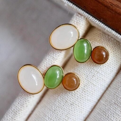 Natural green jade Stud Earrings /Sterling 925-Silver 18KGold-Plated white and red Nephrite Studs/Customize gift box/unique anniversary gift - Image 5