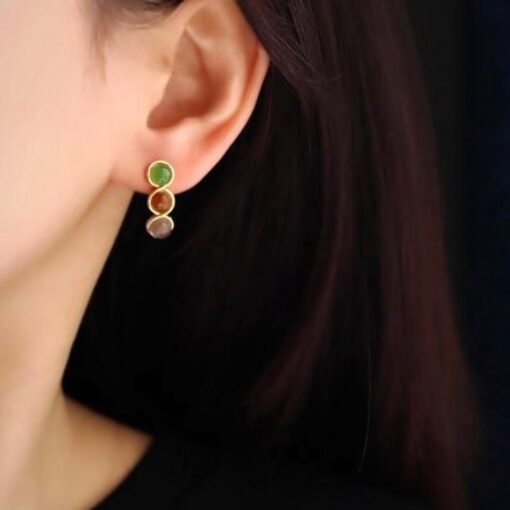 Natural rainbow jade Stud Earrings /Sterling 925-Silver 18KGold-Plated white and red Nephrite Studs/Customize gift box/anniversary gift - Image 2