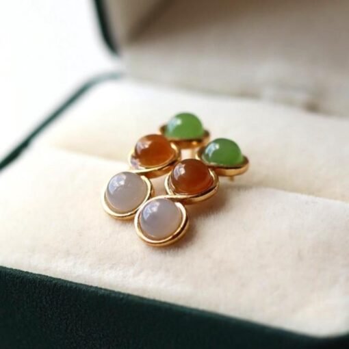 Natural rainbow jade Stud Earrings /Sterling 925-Silver 18KGold-Plated white and red Nephrite Studs/Customize gift box/anniversary gift - Image 5