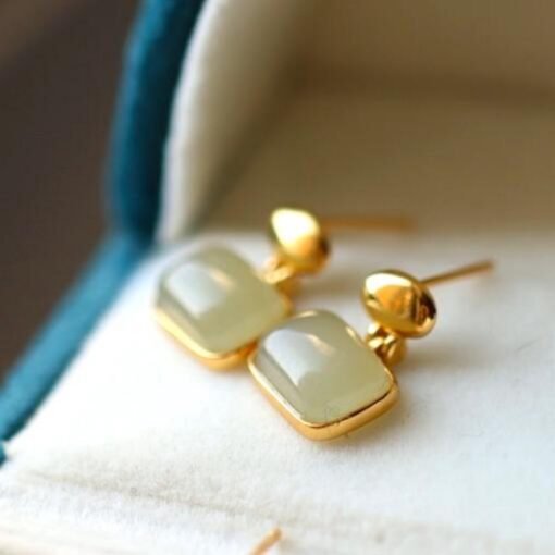 Natural gray jade Stud Earrings/Sterling 925 Silver 18K Gold-Plated Nephrite Studs/Customize gift box/anniversary gift/French style earrings - Image 3