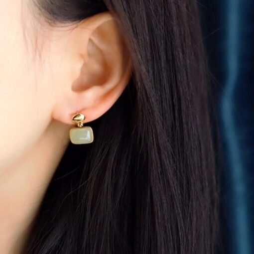 Natural gray jade Stud Earrings/Sterling 925 Silver 18K Gold-Plated Nephrite Studs/Customize gift box/anniversary gift/French style earrings - Image 2