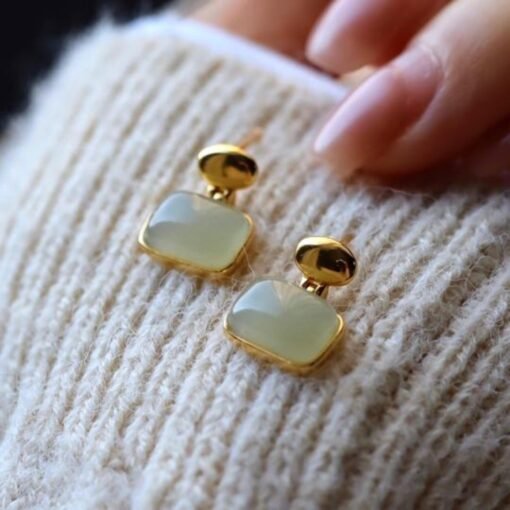Natural gray jade Stud Earrings/Sterling 925 Silver 18K Gold-Plated Nephrite Studs/Customize gift box/anniversary gift/French style earrings - Image 4