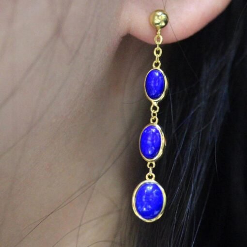 Natural Lapis lazuli dangle Earrings/Sterling 925-Silver Gold-Plated oval Lapis lazuli retro drops/Customize gift box/anniversary gift - Image 2