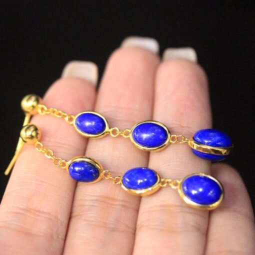 Natural Lapis lazuli dangle Earrings/Sterling 925-Silver Gold-Plated oval Lapis lazuli retro drops/Customize gift box/anniversary gift - Image 3