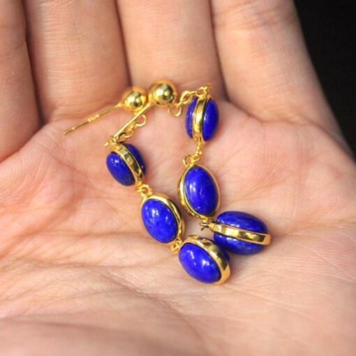 Natural Lapis lazuli dangle Earrings/Sterling 925-Silver Gold-Plated oval Lapis lazuli retro drops/Customize gift box/anniversary gift - Image 4