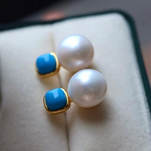 Natural pearl Stud Earrings /Sterling 925Silver 18KGold-Plated pearl Turquoise Stud/Customize gift box/June birthstone gift/anniversary gift - Image 4