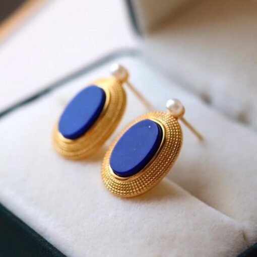 Natural Lapis lazuli Stud Earrings/Sterling 925 Silver Gold-Plated Lapis lazuli Studs/Customize gift box/anniversary gift/retro court studs - Image 2