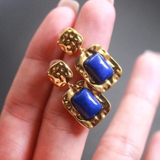 Natural Lapis lazuli dangle Earrings/Sterling 925-Silver Gold-Plated cushion Lapis lazuli drops/Customize gift box/anniversary gift for her - Image 3