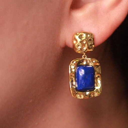 Natural Lapis lazuli dangle Earrings/Sterling 925-Silver Gold-Plated cushion Lapis lazuli drops/Customize gift box/anniversary gift for her - Image 2