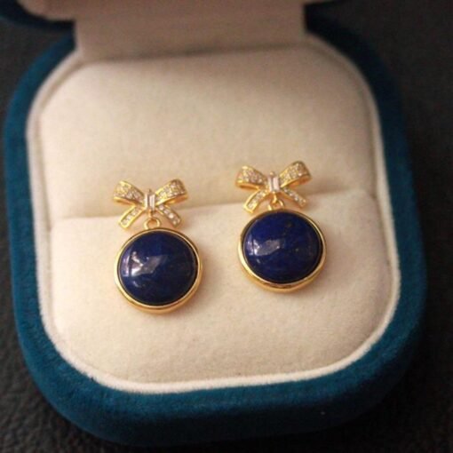Natural Lapis lazuli dangle Earrings/Sterling 925-Silver Gold-Plated round Lapis lazuli drops/Customize gift box/anniversary gift for her - Image 5