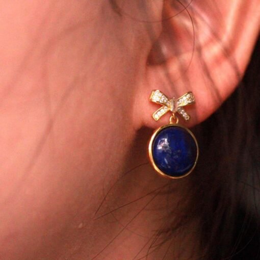 Natural Lapis lazuli dangle Earrings/Sterling 925-Silver Gold-Plated round Lapis lazuli drops/Customize gift box/anniversary gift for her - Image 2