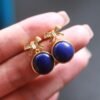 Natural Lapis lazuli dangle Earrings/Sterling 925-Silver Gold-Plated round Lapis lazuli drops/Customize gift box/anniversary gift for her