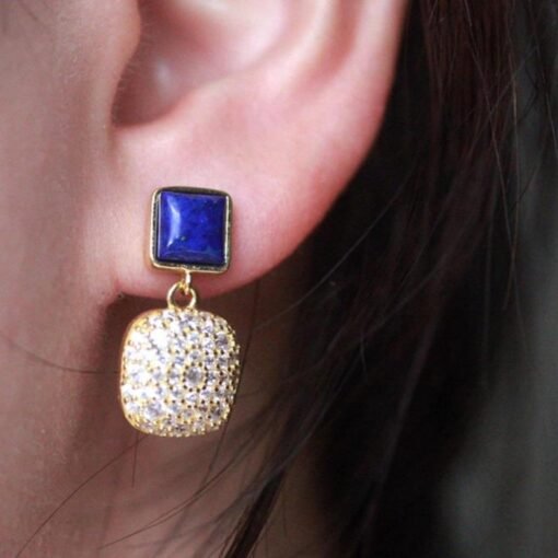 Natural Lapis lazuli dangle Earrings/Sterling 925-Silver Gold-Plated cushion Lapis lazuli drops/Customize gift box/anniversary gift for her - Image 2