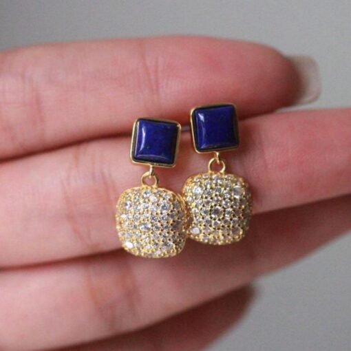 Natural Lapis lazuli dangle Earrings/Sterling 925-Silver Gold-Plated cushion Lapis lazuli drops/Customize gift box/anniversary gift for her - Image 5