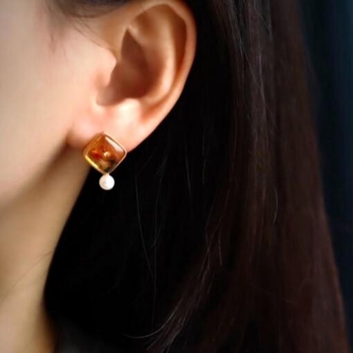 Natural Floral amber Stud Earrings /Sterling 925 Silver 18K Gold-Plated Floral amber Studs with pearl/Customize gift box/anniversary gift - Image 3