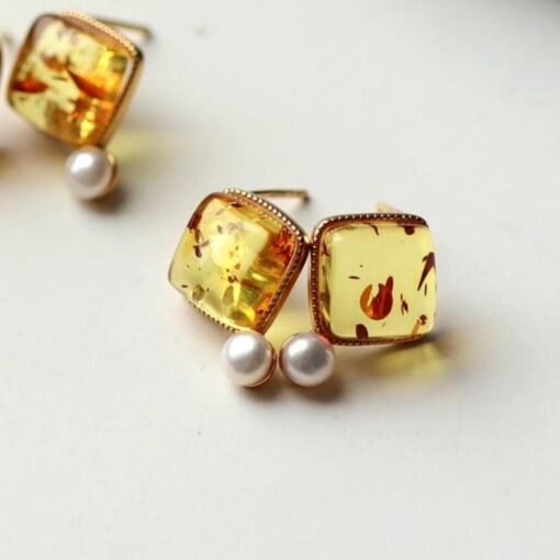 Natural Floral amber Stud Earrings /Sterling 925 Silver 18K Gold-Plated Floral amber Studs with pearl/Customize gift box/anniversary gift - Image 5