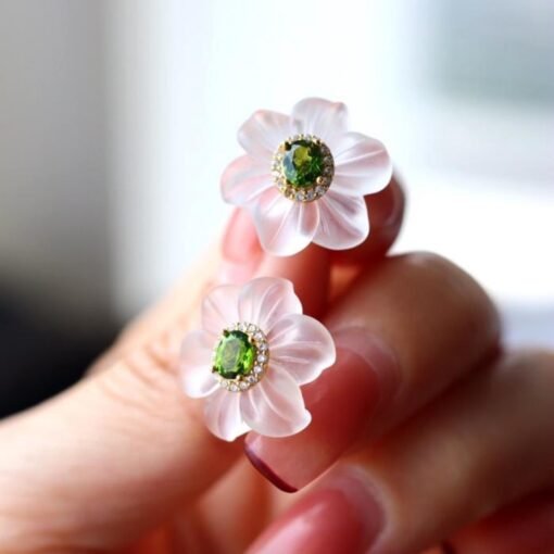 Natural Diopside Stud Earrings with white crystal/Sterling 925Silver 18K Gold-Plated crystal floral Stud/Customize gift box/anniversary gift - Image 5