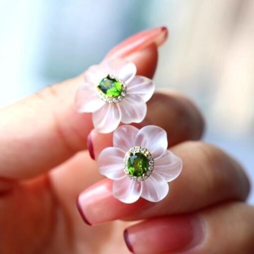 Natural Diopside Stud Earrings with white crystal/Sterling 925Silver 18K Gold-Plated crystal floral Stud/Customize gift box/anniversary gift - Image 3