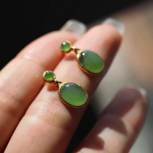 Natural green jade Earrings/Sterling 925 Silver 18K Gold-Plated oval jade drops/Customize gift box/anniversary retro raw jade earrings - Image 5