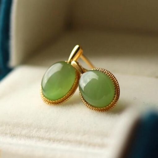 Natural green jade Earrings/Sterling 925 Silver 18K Gold-Plated oval jade drops/Customize gift box/anniversary gift/retro earrings/vintage - Image 3