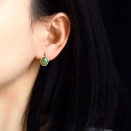 Natural green jade Earrings/Sterling 925 Silver 18K Gold-Plated oval jade drops/Customize gift box/anniversary gift/retro earrings/vintage - Image 2