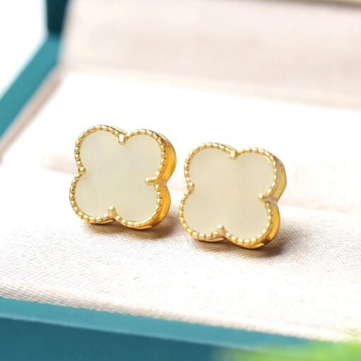 Natural white Nephrite stud Earrings/Sterling 925 Silver 18K Gold-Plated jade studs/Customize gift box/anniversary gift/Clover earrings - Image 3