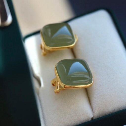 Natural green jade Earrings/Sterling 925 Silver 18K Gold-Plated cushion jade studs/Customize gift box/anniversary gift/minimalist vintage - Image 5