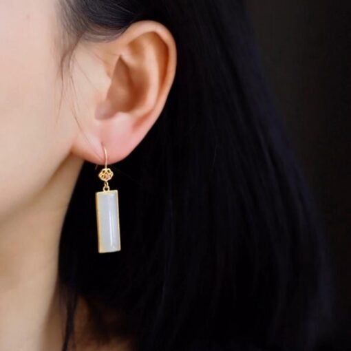 Natural white Nephrite dangle Earrings/Sterling 925Silver 18KGold-Plated jade drops/Customize gift box/anniversary retro raw jade drops - Image 2