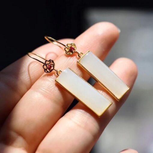 Natural white Nephrite dangle Earrings/Sterling 925Silver 18KGold-Plated jade drops/Customize gift box/anniversary retro raw jade drops - Image 4