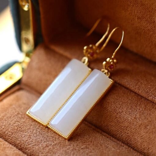 Natural white Nephrite dangle Earrings/Sterling 925Silver 18KGold-Plated jade drops/Customize gift box/anniversary retro raw jade drops - Image 5