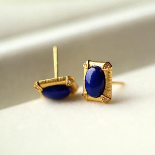 Natural Lapis lazuli Stud Earrings /Sterling 925-Silver Gold-Plated oval Lapis lazuli Studs/Customize gift box/anniversary gift/retro court - Image 4