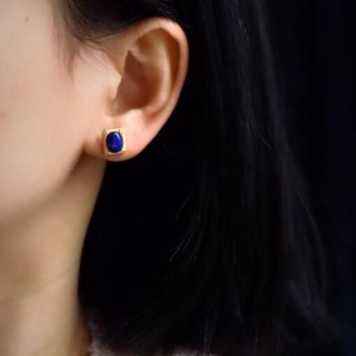 Natural Lapis lazuli Stud Earrings /Sterling 925-Silver Gold-Plated oval Lapis lazuli Studs/Customize gift box/anniversary gift/retro court - Image 2
