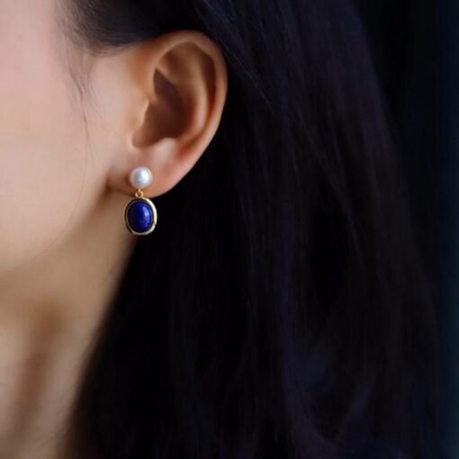 Natural Lapis lazuli dangle Earrings/Sterling 925 Silver 18k Gold-Plated Lapis lazuli drops with pearl/Customize gift box/anniversary gift - Image 2