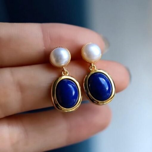 Natural Lapis lazuli dangle Earrings/Sterling 925 Silver 18k Gold-Plated Lapis lazuli drops with pearl/Customize gift box/anniversary gift - Image 3