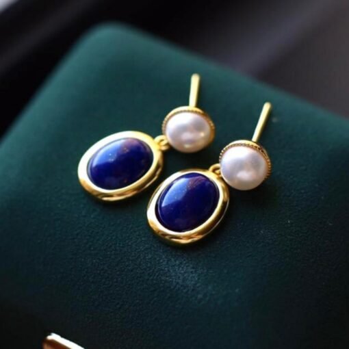 Natural Lapis lazuli dangle Earrings/Sterling 925 Silver 18k Gold-Plated Lapis lazuli drops with pearl/Customize gift box/anniversary gift - Image 4
