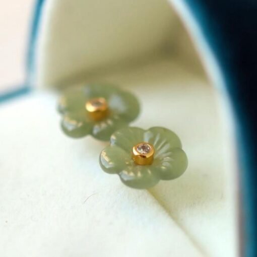 Natural jade Stud Earrings /Sterling 925 Silver 18K Gold-Plated green gray floral Studs/Customize gift box/anniversary gift/flower-shaped - Image 5